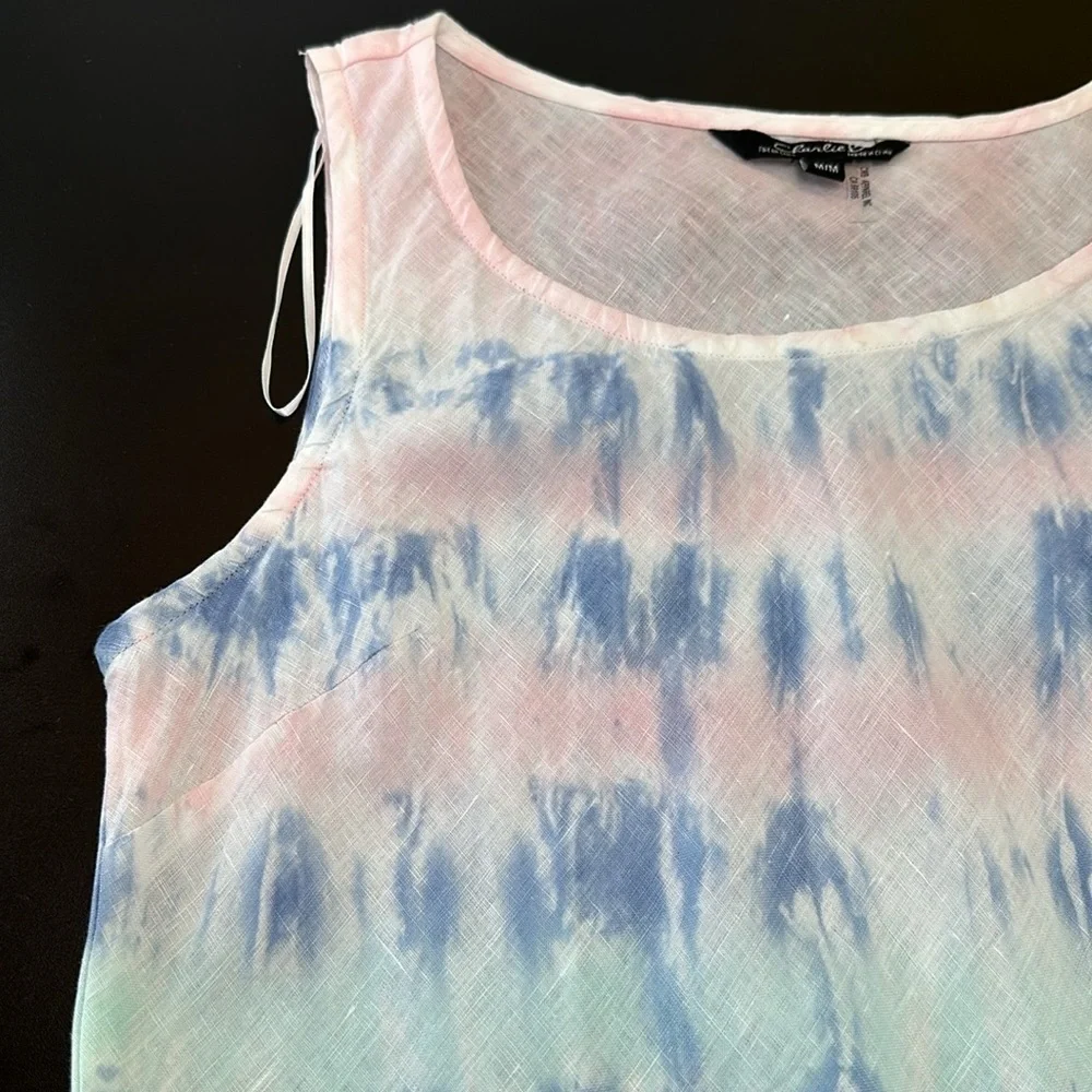 Charlie B Linen Ruffle Hi Low Hem Dress M Tie Dyed Pastel Pink Blue‎ Slee…